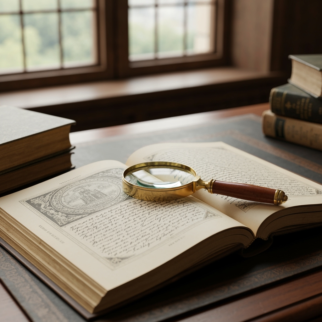 An open book with a magnifying glass, symbolizing research and storytelling in true crime