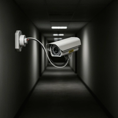 Broken CCTV camera in a dark hallway, symbolizing security vulnerabilities, no text, no words, no typography