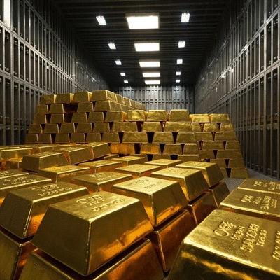 Large gold bullion bars stacked in a vault, representing the stolen wealth