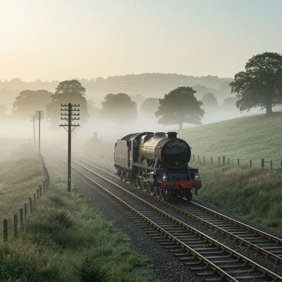 Vintage image of a train on a railway track in the British countryside, early 1960s, foggy morning