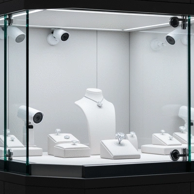 Luxury jewelry display with strong security measures visible, no text, no words, no typography, 8K