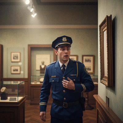 Security guard looking at an empty picture frame in a museum, conveying a sense of shock and mystery, 1911 setting