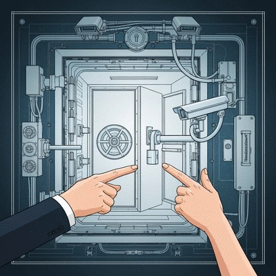 Detailed blueprint of a vault with security systems highlighted, with hands pointing at specific areas, no text, no words, no typography