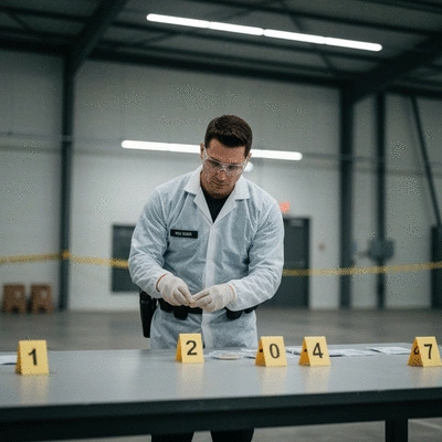 Police investigating a crime scene with evidence markers, symbolizing the aftermath of the robbery