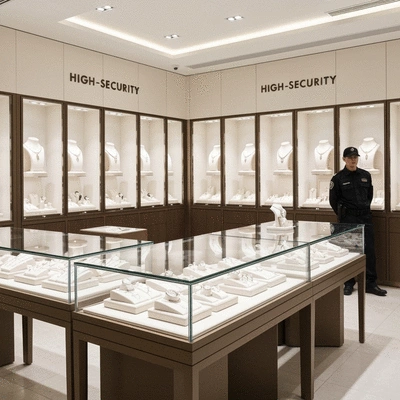High-security jewelry store interior with display cases and a guard, no text, no words, no typography, 8K