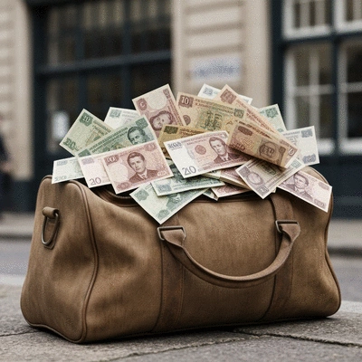 Close-up of a vintage Royal Mail bag overflowing with cash, soft focus in the background, 1960s aesthetic